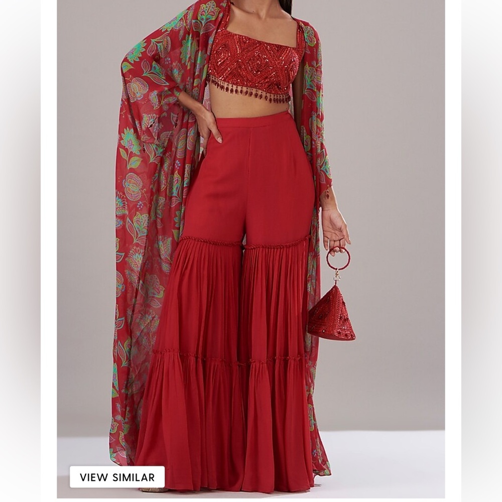Red Beaded Diyarajvvir Lehenga with Sheer Floral Cape Shawl